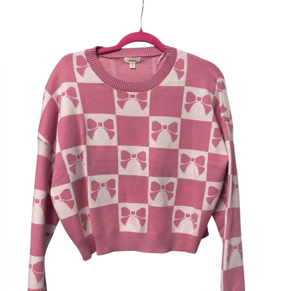 Debut Pink and White Knit Bow Sweater
